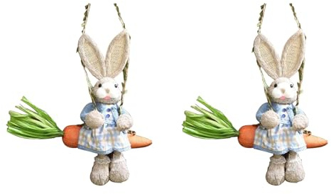 ZUSNEEWIN 2X Estatuilla de Conejito de Paja de Pascua, Conejo de Paja en Columpio de Zanahoria, Adorno Colgante de Estatua de Conejito para Decoración del Hogar de Vacaciones de Pascua A