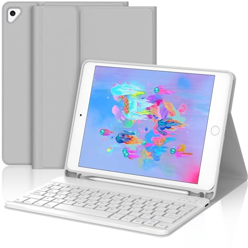 FOGARI Teclado para iPad 6/5 Generacion 2018/2017 9.7, Air 2/1 2014/2013 | Español Ñ QWERTY Teclado Bluetooth Magnético Desmontable para iPad 6/5 Generación 2018/2017 9.7 Pulgadas, Gris Claro