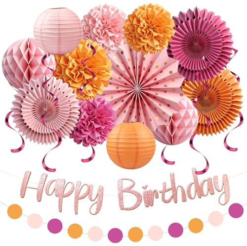 Wiederverwendbare Geburtstagsdeko, Geburtstagsdeko Mädchen Frauen, Pink und Orange Party Dekorationen, Happy Birthday Girlande mit Papierblumen, Laternen, Honeycomb Balls, Fans