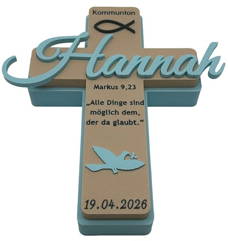 Generisch Kommunion Kreuz Personalisiert mit Namen – Geschenk zur Erstkommunion Mädchen & Junge – Religiöse Kinderzimmer Deko – 3D-Druck Kreuz mit Datum & Wunschname – Wanddeko