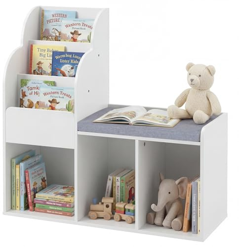 COSTWAY Kids Toy Storage Unit with Bench, Wooden Children Bookcase with 3 Cubbies, 3-Tier Shelves & Soft Seat Cushion, Corner Toddler Reading Nook Bench for Playroom Kids' Room Nursery