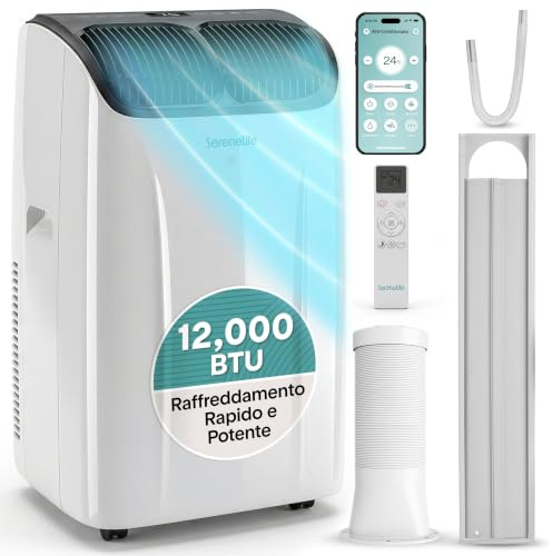 SereneLife Aire Acondicionado Portatil 12000 BTU, Climatizador 3 en 1 con Frio, Ventilador y Deshumidificador, Silencioso, con Kit de Ventana Incluido, para Hogar y Oficina
