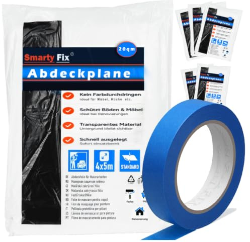SmartyFix® PRO XXL Abdeckfolien‑Set – 5× 20 m² reißfeste Abdeckfolie & Malerkrepp 25 mm × 50 m – Malerfolie für Möbel, Böden, Fenster & Türen – Profi Abdeckset für Renovierung & Innenausbau | Reißfeste Malerfolie, Für Möbel, Böden, Fenster & Türen, Profi Abdeckset, Für Renovierung, Streichen & Innenausbau