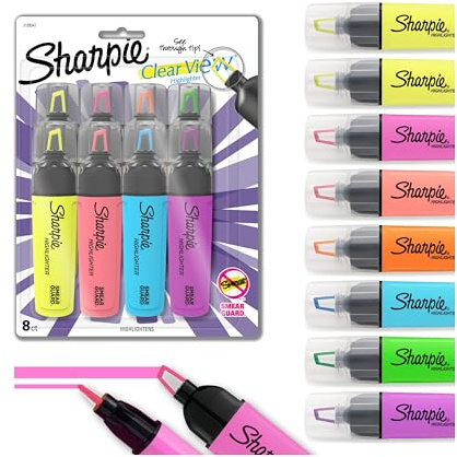 Sharpie Clear View Highlighters, See-Through Chisel Tip, Fluorescent Assorted Colors, 8 Count