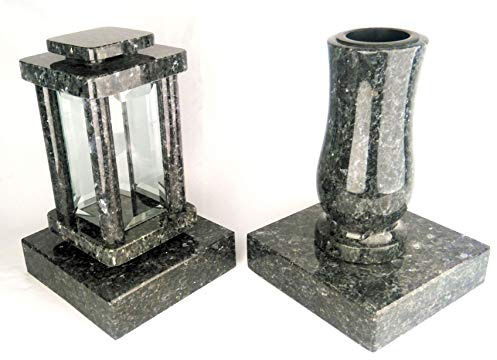 designgrab Set Grablampe Modern 25,5 cm & Granitvase 25 cm mit Granitsockel – massiv, hochwertig & poliert – Labrador – schwarzblau glänzend
