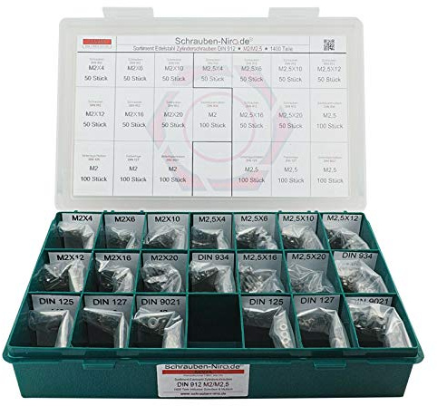 Set DIN 912 Zylinderkopfschrauben M2+2,5 Edelstahl A4 mit Muttern+Scheiben | Sortiment M2 + M2,5 DIN 912 Zylinderschrauben Innensechskant Unterlegscheiben DIN 125 127 9021 Muttern DIN 934 985 1400 Teile