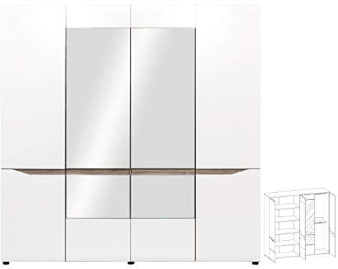 Furniture24 Kleiderschrank Schrank Drehtürenschrank Schlafzimmerschrank Lionel Hochglanz, mit Speiegel, 4 Türiger, 2 Kleiderstangen, mit Spiegel (Ohne Beleuchtung)