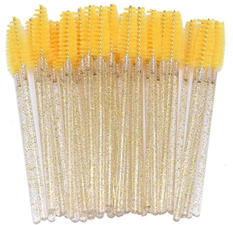 300 Pack Mascara Wands Disposable Eyelash Brushes for Extensions Eye Lash Applicator Makeup Tool kits, Crystal Handle - Yellow Brush Head