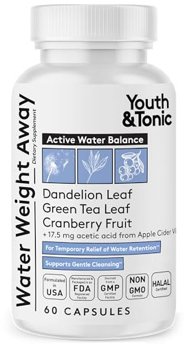 Youth & Tonic Water Pills for Fluid Retention – Water Weight Away Natural Diuretic for Bloat Relief & Fluid Balance, Support for Swollen Legs & Feet with Potassium & Vitamin B6 – 60 Pills