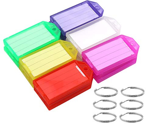 Coideal Kunststoff Schlüsselanhänger Beschriftbar mit Etiketten, 60 Stück Schlüssel Beschriften Anhänger Key Label Schlüsselschilder für Gepäck Haustieren (6 Farben)