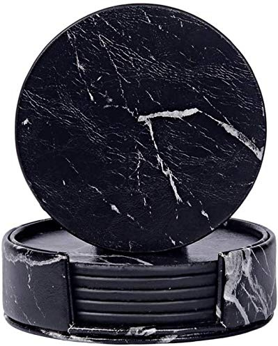 Premium Leder Glasuntersetzer, Bprtcra 6 Stück Marmor Design Untersetzer PU-Leder hitzebeständig Coaster Cup Mat für Getränke Tee Kaffee Tasse Glas, Marmor Untersetzer (Black)