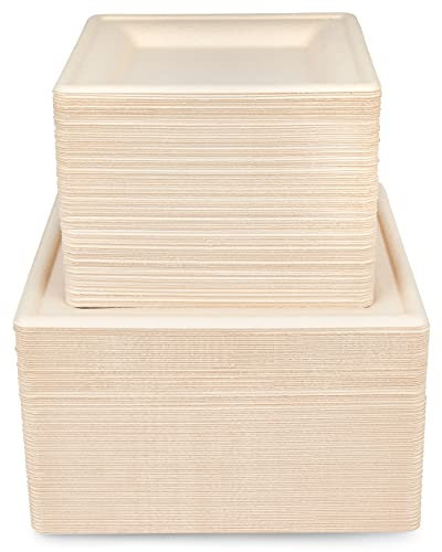 HAAGO 90 Set di piatti quadrati in bagassa di canna da zucchero - ecologici come i piatto di carta, biodegradabili e compostabili in casa, piatti monouso per feste - 15 cm e 26 cm, 45 pezzi ciascuno