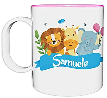 Fupies Tazza in plastica personalizzata con nome party con gli animali, Rosa