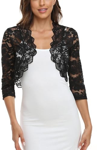 MISS MOLY Bolero para Mujer Festivo con Encaje, Chaqueta Corta para Boda, Manga 3/4, Rebequita de Punto, Top, Negro , 40-42