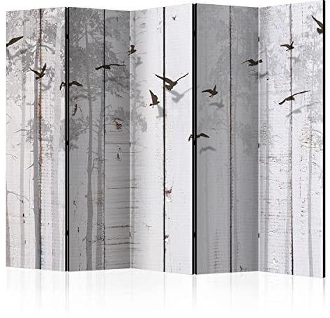 murando Akusticher Raumteiler Holzoptik Foto Paravent 225x172 cm beidseitig auf Vlies-Leinwand bedruckt Akustikschaum Trennwand Spanische Wand Sichtschutz Home Office Vögel Bäume Abstrakt f-C-0178-z-c