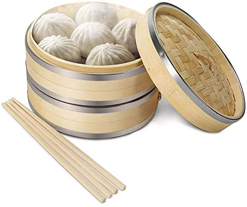 KELUNIS 2 Tier Handmade Bamboo Steamer Basket with Lid, Traditional Oriental Style Healthy Food Cooking Steamer for Rice, Vegetables, Meat & Fish
