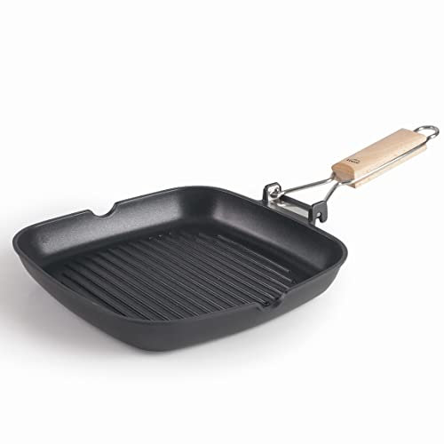 Lacor - 25144 - Sartén Grill SUA Acanalada de Aluminio Fundido 100% libre PFOA, Antiadherente Bicapa, Mango Plegable Madera de Roble, Fondo Full Induction, Apto para Inducción, 24 x 24 x 3,7 cm, Negro