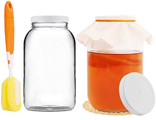 Artcome 2 Packs 3.8 Liters Glass Jars Wide Mouth with 2 Airtight Plastic Lids, 4 Muslin Cloths, 2 Rubber Bands, 2 Gold Mats and a Brush for Fermenting, Kombucha, Kefir, Storing and Canning
