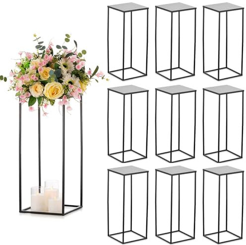 Sziqiqi Wedding Centerpieces Vase for Tables with Plates - 10 Pcs Metal Column Geometric Flower Stand 23.6in Black Flower Display Rack Decorations for T-Stage Reception Party Fiesta Event Home