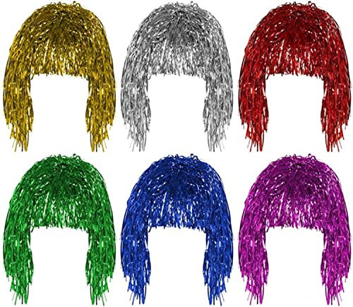 BEAUTYBIGBANG 6 Stück Lametta Perücke, Folie Lametta Perücken Kostüm Lametta Perücken für Parties Halloween Karneval Metallic Kostüm Weihnachten Cosplay Zubehör Lametta Perücke