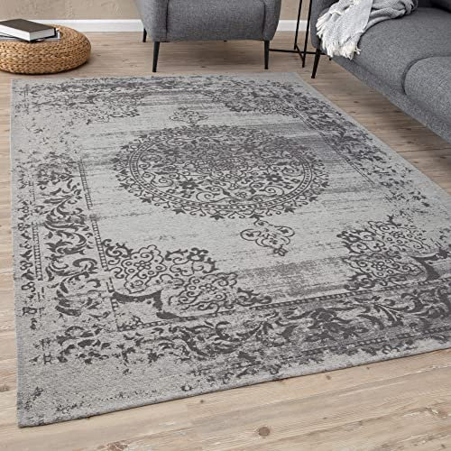 THE RUGS Machine Washable Rug – Vintage Design Rugs for Living Room, Bedroom, Hallway, Flat-weave Area Rugs, (Grey, 80x150 cm)