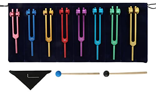 DRELD Chakra Stimmgabel Set. 7 Chakra und 1 Seelenzweck gewichtete Stimmgabel Solfeggio Stimmgabel set mit 2×Silikonhammer. 1×Tasche. 1×Reinigungstuch für Heilung Klangtherapie Vibration (Bunt. 8 STK)