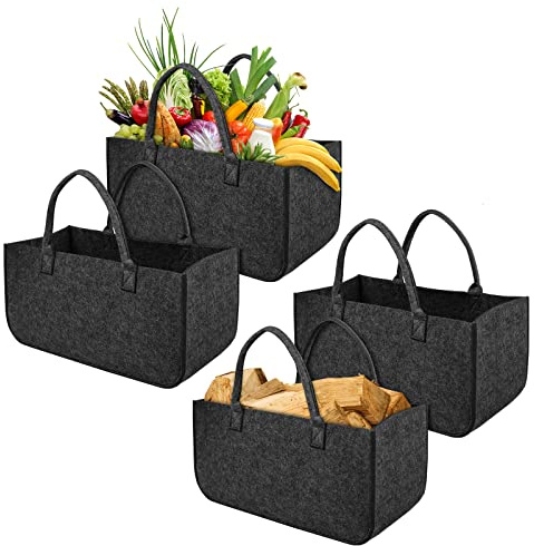 TRMLBE Kaminholzkorb Filz Holzkorb für Kaminholz mit Tragegriffen Faltbar Filztaschen Shopper Kaminholztasche für Holz und Zeitungen, Einkaufstasche 50 x 25 x 25 cm - 4 Stück Anthrazit