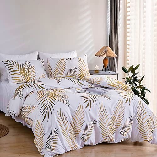 Set Housse de Couette 220x240 cm Motif Feuilles Tropicales Dorées Botanique 2 Personnes et 2 x Taies d'oreiller 65x65 cm 100% Microfibre Parure de Linge de Lit avec Fermeture Éclair, Or Blanc