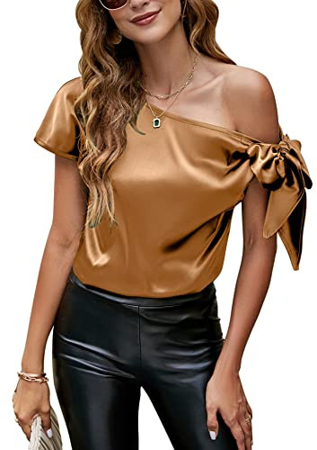 VIDUSSA Dam Off Shoulder Silk Toppar Casual Kortärmad Asymmetrisk Nacke Satin Blus Skjortor, Kaffe, M