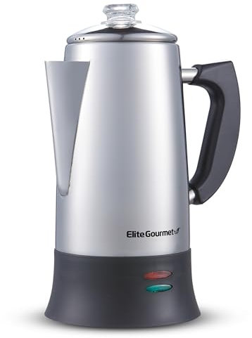 Elite Gourmet EC922 Percolador eléctrico de café, mantiene el calor, perilla de progreso de preparación de vidrio transparente, mango de tacto frío, servicio inalámbrico, 12 tazas, acero inoxidable