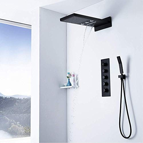 Shower Set Concealed Thermostat Full Copper Black 3 Function Fly Rain in- Wall Bathroom Shower Set and Cold Water Hand Shower System Waterfall Square Top Spray Durable Bathroom