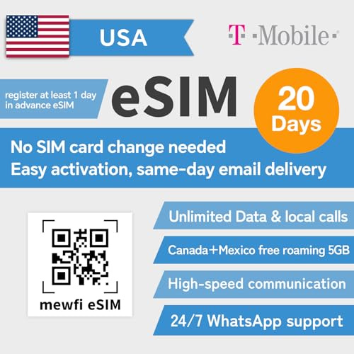 USA eSIM (USA, Mexico, Canada universal), Unlimited Internet Data, T-Mobile SIM, Unlimited Speed US Prepaid Card, Unlimited Local Calls And Local Texts. Mexico, Canada Limited to 5GB (eSIM 20 Days)