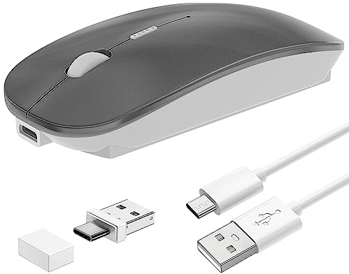 Wireless Mouse Slim Rechargeable Maus Kabellos for MacBook Air/Laptop/Ipad/Computer/Windows Android Tablet,Mini Silent Mice,Portable USB Optical 2.4G Wireless Bluetooth Two Mode Computer Mice-Gray