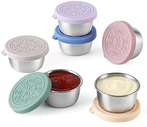 VITEVER [6 Pack] Salad Dressing Container To Go, 1.6 oz Small Condiment Containers with Lids, Reusable Stainless Steel Sauce Cups , Leakproof Silicone Lids for Lunch Bento Box, Picnic and Travel