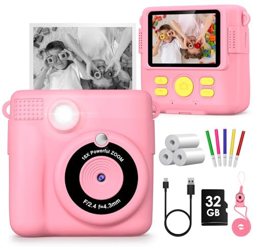 Gofunly Kids Camera Instant Print,1080P Digital Instant Camera for Kids, 32GB Card, 3 Rolls Print Paper, Birthday Gifts Childrens Selfie Toys for Boys Girls Age 3-12,Pink