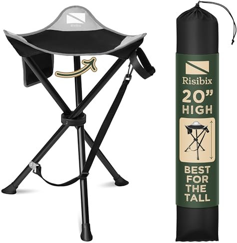 Risibix Taburete plegable con trípode, asiento ultra portátil para personas altas, 20 pulgadas de alto, silla de caza y bolsillo oculto con cremallera, taburete de camping de 2 libras, taburete de