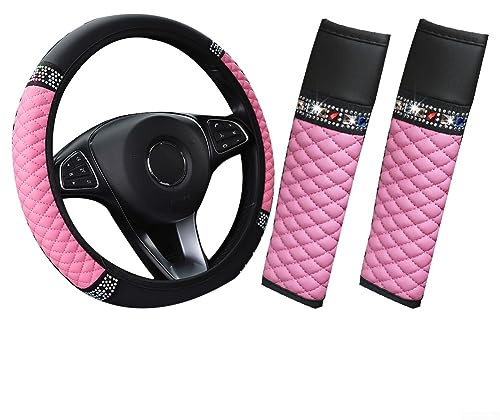 Lenkradbezug, 3 Stück Bling Leder Strass Auto-Lenkradbezug Autozubehör mit Schulter für PADS für ROSA