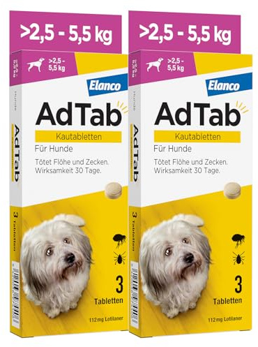 AdTab Hund 2,5-5,5 kg - Kautablette gegen Zecken & Flöhe, Doppelpack(6 St.) | Kleine Kautablette mit Rindfleischgeschmack. 3 Monate Floh- & Zeckenschutz für deinen Hund, schnelle Wirkung & einfache Gabe.