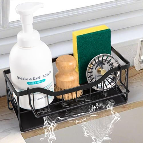 Sinnsally Sink Caddy Tidy Organiser with Self Draining Tray,Sponge Holder Sink Storage Rack,Washing up Utensil Caddy for Countertop Kitchen Storage & Organisation (with Discloth Holder)