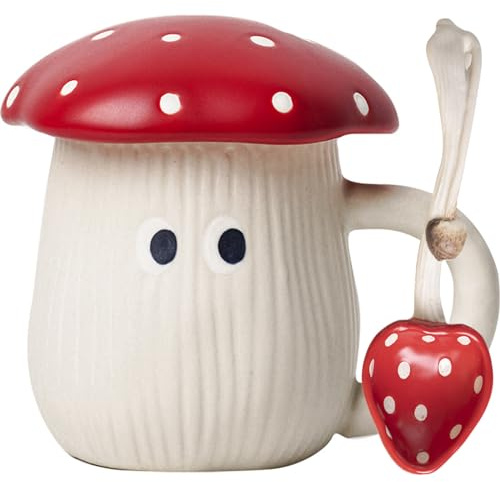 Disoza Tasse champignon avec couvercle Mushroom Mug 400ml Café Tasse champignon Cadeau Tasse à thé céramique avec cuillère & soucoupe Thé Café Noël Tasse Cadeau d'anniversaire pour femme amie enfants