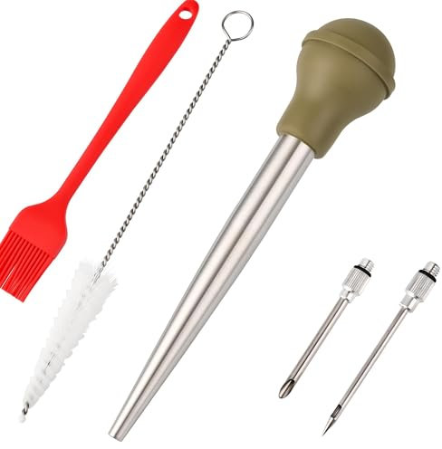 Kalsreui Turkey Baster, 18/8 Stainless Steel Turkey Baster Syringe for Cooking, Meat Injector Baster Set with 2 Needles & 2 Cleaning Basting Brush, Baster for Flavor Meat Poultry, Beef&Chicken Green