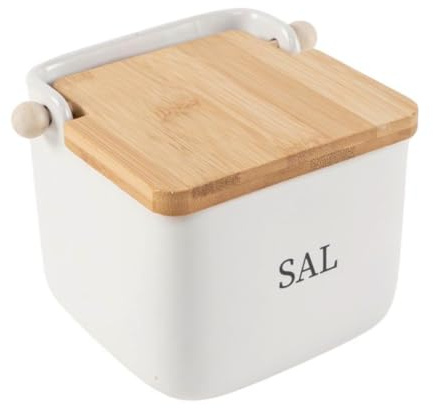 ROCKING GIFTS Salero de Cocina de Ceramica con Tapa de Madera, Bote para Sal Blanco y Marrón, Accesorios de Cocina, 12 cm