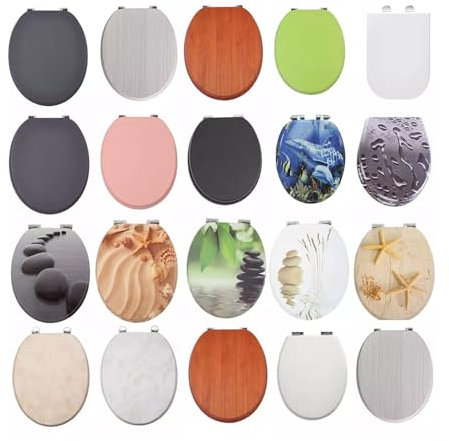 18 MDF Toilet Seat Universal Adjustable Fit Most Toilets Oval Seat┃Bathroom Standard Wooden MDF Toilet Seat | WC SEAT +Fittings (Pebbles & Grass Novelty)