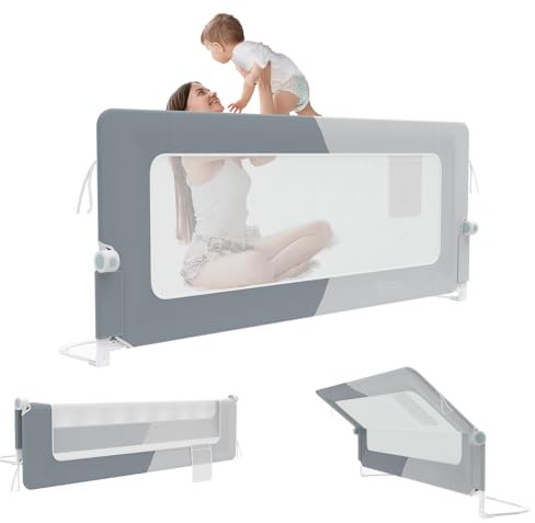 TWOLIIN Bettgitter 180 cm Klappbar Bettsicherung, Rausfallschutz für Baby & Kinder Höhenverstellbar Kinderbettgitter Babybettgitter, Atmungsaktiver Bettgitter mit Aufbewahrungstasche, Dunkelgrau+Grau