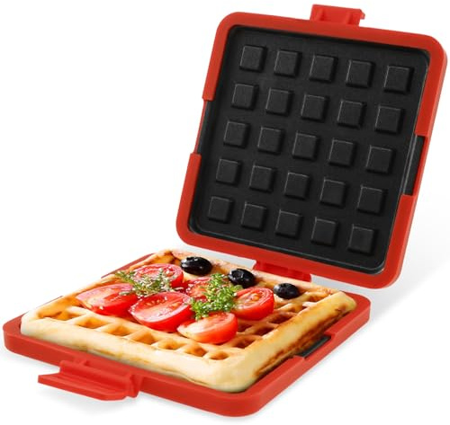 Microwave Waffle Maker, Non Stick & NO Electricity & Wireless Microwave Sandwich Toaster Maker Fast Cooking Mini Waffle Maker for Baking Crispy Flavorful Waffle, Dishwasher Safe (Red)