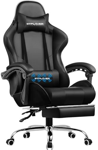 GTPLAYER Gaming Stuhl Bürostuhl Massage Gaming Sessel Ergonomischer Gamer Stuhl mit Fußstütze, Kopfstütze Massage-Lendenkissen, Gepolstert Gaming Chair, Drehsessel, schwarz