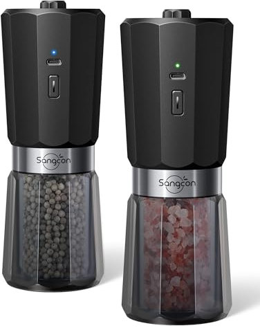 Sangcon 2 Velocidades Molinillo de Sal Y Pimienta Eléctrico de Gravedad 2 Piezas,800 mAh Recargable de Gran Capacidad, 5 Niveles de Grosor Ajustables Externamente Molienda Automática Con Una Sola Mano