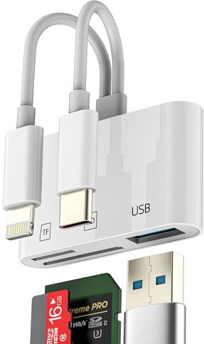 Lecteur de Carte Lightning USB-C SD avec Adaptateur USB Port USB-A mémoire TF Micro SD pour iPhone 16 15 14 Transfert clé USB pour iPad OTG 3.0 Appareil Photo numérique MacBook Ordinateur pour Apple