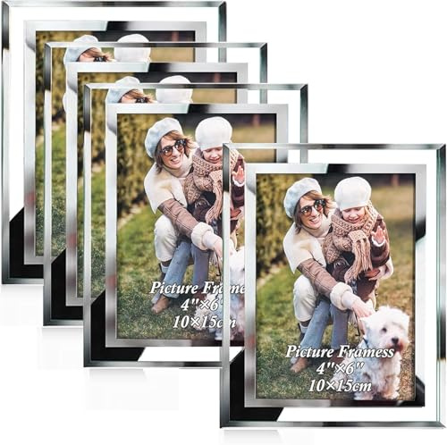 Abaigeal 4 Pack 6 x 4 Inch Photo Frames, Silver Mirrored Glass Picture Frames, Glass Photo Frames for Tabletop Display Horizontally or Vertically, and Home Office Decoration