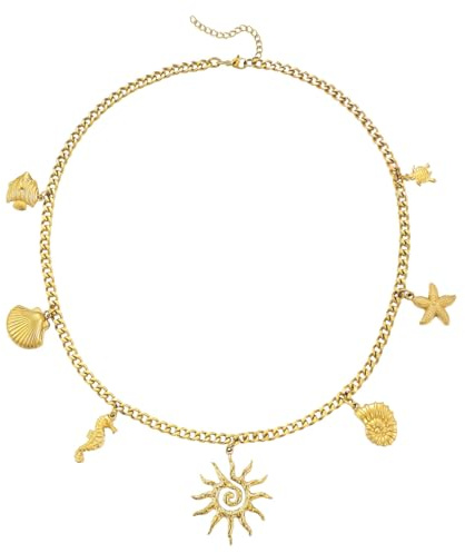 Emibele Collar Dorado para Mujer, Collar de Conchas con Dijes de Estrella de Mar y Caracola, Acero Inoxidable Chapado en Oro de 18K, Antideslustre, Ideal para Playa, Fiesta, Vacaciones